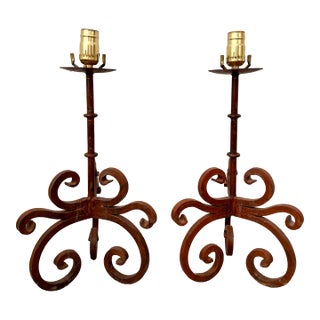 Vintage Rustic Wrought Iron Spanish Revival Style Candle Holders Converted to Table Lamps, Circa 1980s- A Pair For Sale