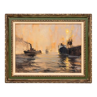 Vintage 1968 Petko Kadiev Original Harbor Painting in Vintage Frame For Sale