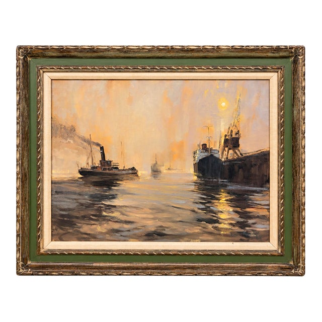 Vintage 1968 Petko Kadiev Original Harbor Painting in Vintage Frame For Sale