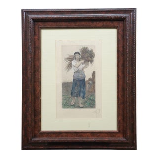 1888 the Gleaner Antique Hand Colored Harvest Etching by Jules Breton Framed 21" For Sale