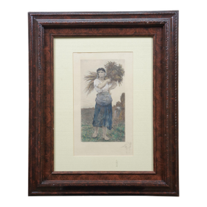 1888 the Gleaner Antique Hand Colored Harvest Etching by Jules Breton Framed 21"