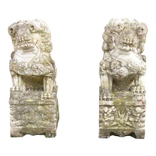 Early 20th Century Chinese Marble Foo Dog Guardian Statues A Pair