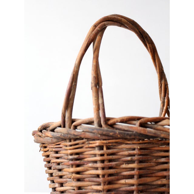 Vintage Rustic Woven Willow Basket With Handle For Sale - Image 9 of 13