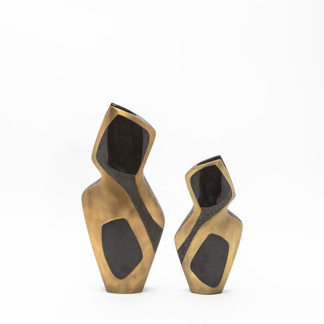 Metal Modern Sculptural Vase in Shagreen With Shell and Brass Details by R&y Augousti For Sale - Image 7 of 11