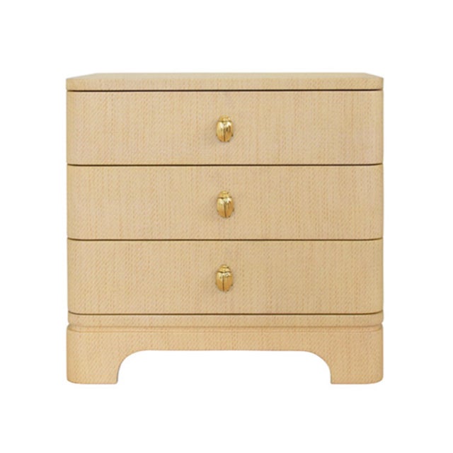 Matthew Izzo Home Fortune Natural Grasscloth Three Drawer Side Table With Brass Beetle Knobs For Sale - Image 12 of 12