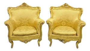 Late 20th Century Vintage French Baroque Style Gold Giltwood Upholstered Bergere Club Chair - Pair