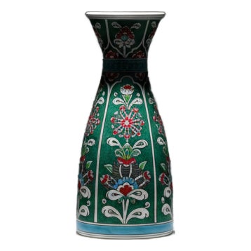 Handmade Ceramic Conical Vase (25cm) – Emerald Green Vertical Panels – Flared Rim Iznik Decor For Sale