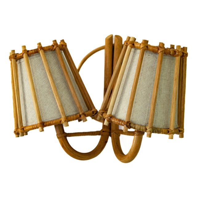 Double Rattan Wall Sconce Handcrafted Pencil Reed Artisan Lighting For Sale