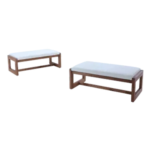 Pair Italian Contemporary Oak Benches Done in a Boucle White Fabric and Having Deep Seats