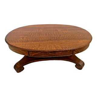 1910s Oval Tiger Oak Carved Drawer Bottom Shelf American Empire Coffee Table For Sale
