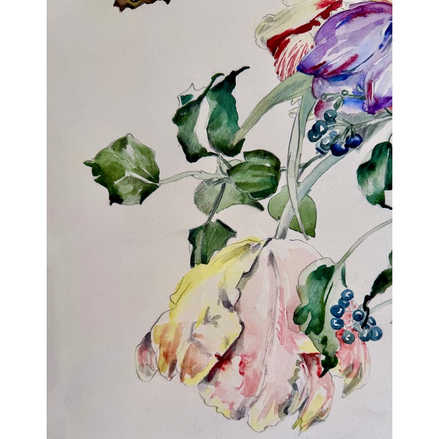 Large Floral Still Life Watercolor Painting With Butterflies, 1989, Modern Frame For Sale - Image 16 of 18