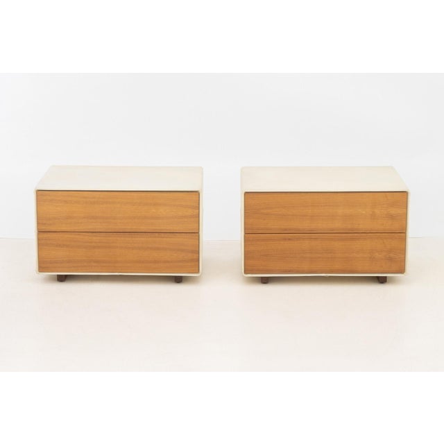 Pair of Poltrana Frau Cream Leather Wrapped End Tables, with two frieze push drawers, impressed mark to the side. 15.25" H...