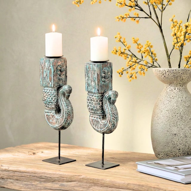 Dimensions: 5" W X 5" D X 22" H Step into a world where history and artistry meet with our Pair of Antique Peacock Carved...