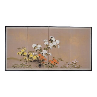 1950s Japanese Byobu "3 Colorful Chrysanthemums" Orange, White & Yellow Flowers Hand Painted 4-Panel Screen Excellent Front Good+ Back For Sale