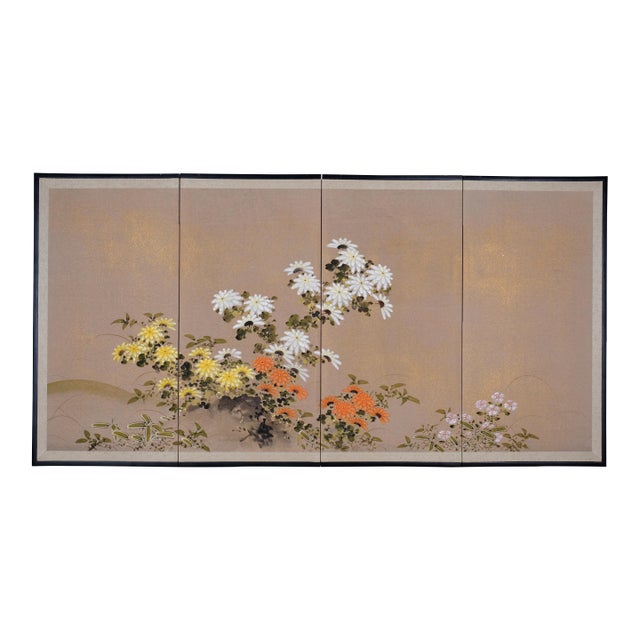 1950s Japanese Byobu "3 Colorful Chrysanthemums" Orange, White & Yellow Flowers Hand Painted 4-Panel Screen Excellent Front Good+ Back For Sale