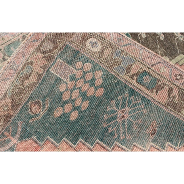 Teal, Brown & Salmon-Colored Vintage Turkish Oushak Rug With Geometric Medallion For Sale In Atlanta - Image 6 of 7