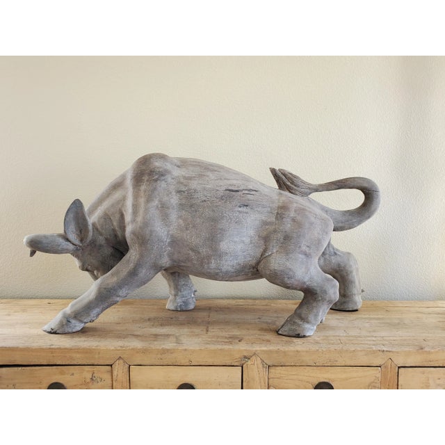 Large Carved Bull Sculpture Hand carved teakwood Bull 40” length 12.5” width 20.5” height Impressive carved sculpted bull...