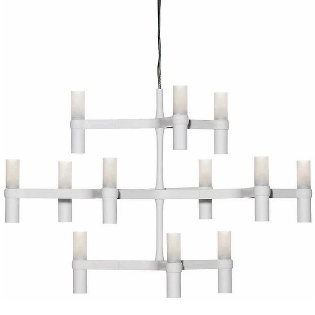Polished chrome chandelier with 12 lights , used as an entry way piece . art deco modern .