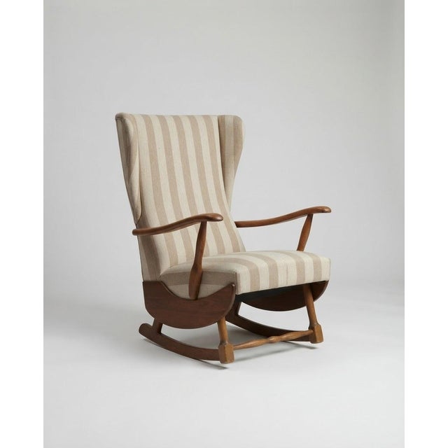Mid-Century Modern Vintage Hungarian Rumba Wingback Rocking Chair in Beige Striped Fabric with Wooden Rockers For Sale - Image 3 of 5