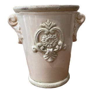 Vintage Cream Colored Glazed Ceramic Urn/Pot With Medallion and Handles For Sale