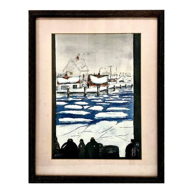 American Impressionist Northeastern Winter Watercolor Scene by Philip W. Metzger For Sale