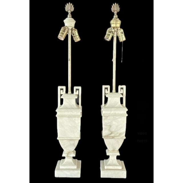 Alabaster Mid 20th Century Neoclassical Alabaster Table Lamps - a Pair For Sale - Image 8 of 15