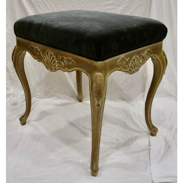Mid 20th Century French Louis XV Bench Stool - Hand Carved Frame & Fern Green Silk Velvet Upholstered Seat Pair For Sale - Image 4 of 7