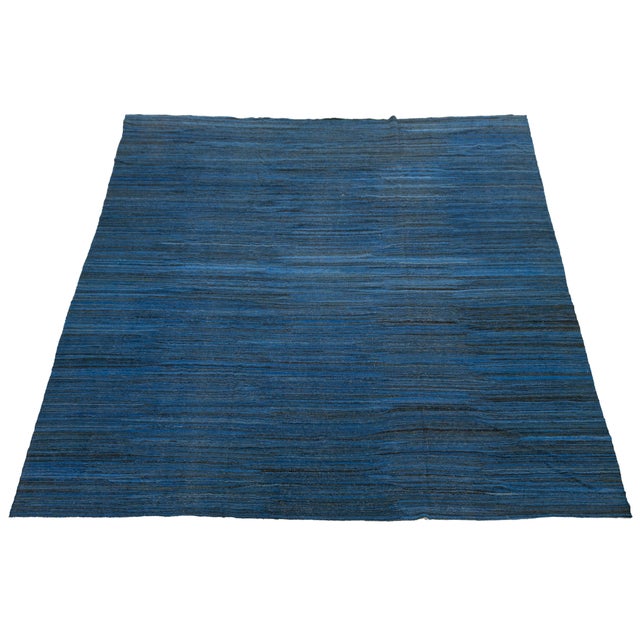Charcoal Modern Handmade Deep Indigo Wool Kilim Rug – Minimalist Contemporary Flatweave For Sale - Image 8 of 12