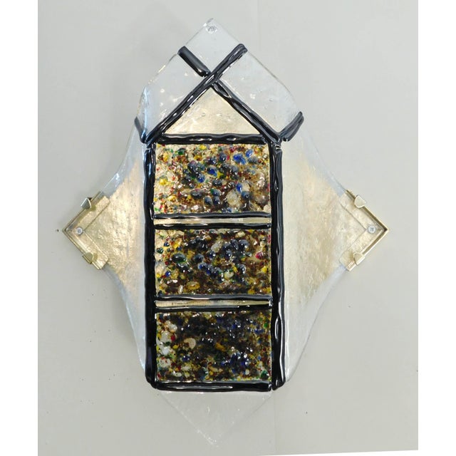 Vintage Italian brutalist wall light with geometric Murano glass shade secured on gold finish structure / made in Italy...