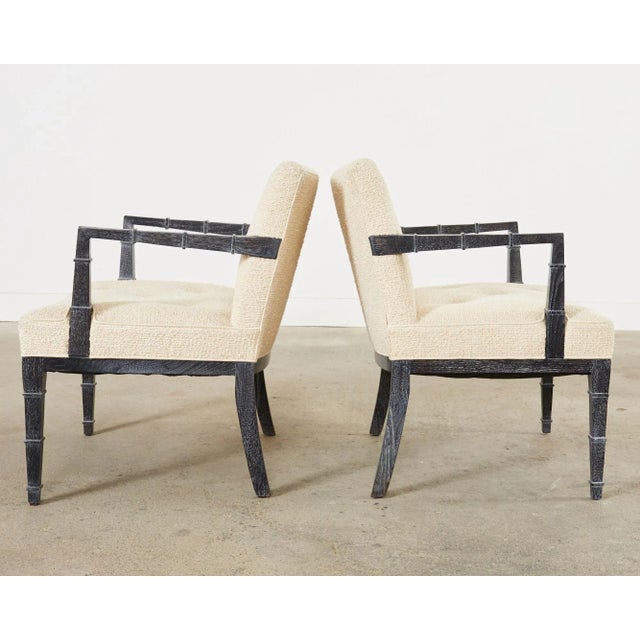 Early 21st Century Pair of Modern Cerused Oak Faux Bamboo Bouclé Armchairs For Sale - Image 5 of 12