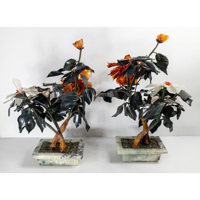 20th Century Chinese Chinoiserie Pair of Jade Trees With Nephrite, Carnelian and Rose Quartz For Sale - Image 10 of 18
