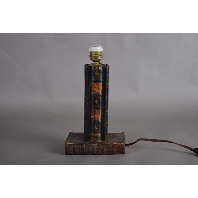 Vintage Leather-Bound Book Stack Table Lamp, Library Accent Light, English Study Style, Europe, 1950s For Sale - Image 3 of 12