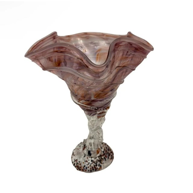 Vintage Hand Blown Studio Art Glass 9.25” Tall Vase Compote Pedestal Bowl. For Sale - Image 4 of 7