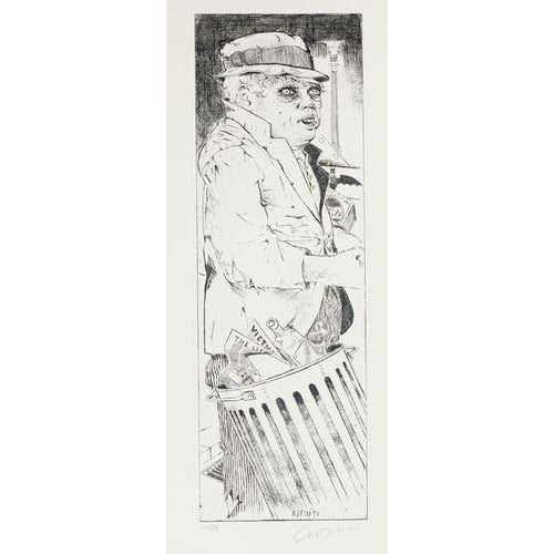 Image dimensions: 42 x 14 cm. Trash is an original black and white etching on paper, realized by the Italian artist Bruno...