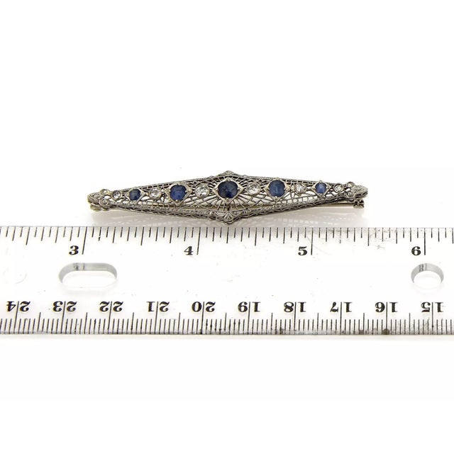 Late 20th Century Art Deco Diamond & Sapphire 14k White Gold Filigree Brooch Pin For Sale - Image 5 of 5
