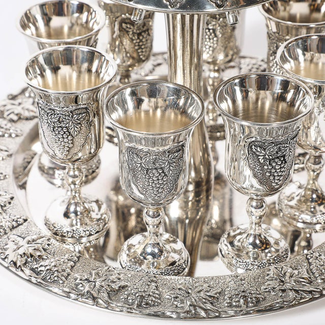 Mid-Century Silver Plated Fountain Kiddush Cup Set in Grape & Vine Motif For Sale In New York - Image 6 of 18