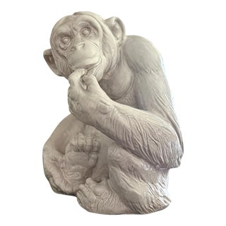 Vintage Italian Glazed Terracotta Monkey Sculpture in Contemplative Pose For Sale