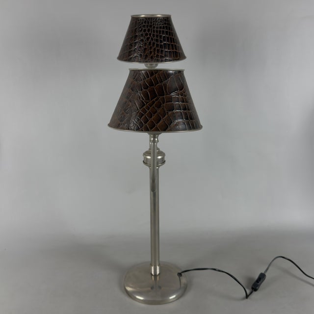 Modern Table Lamp in Metal and Brown Leather, 1970s For Sale - Image 3 of 11