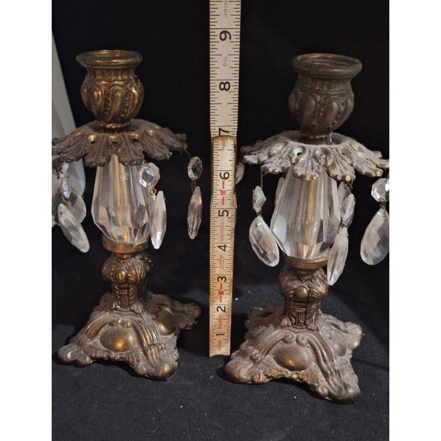 Mid 20th Century Brass Crystal Candlestick Holders With Prisms, Pair For Sale - Image 5 of 5