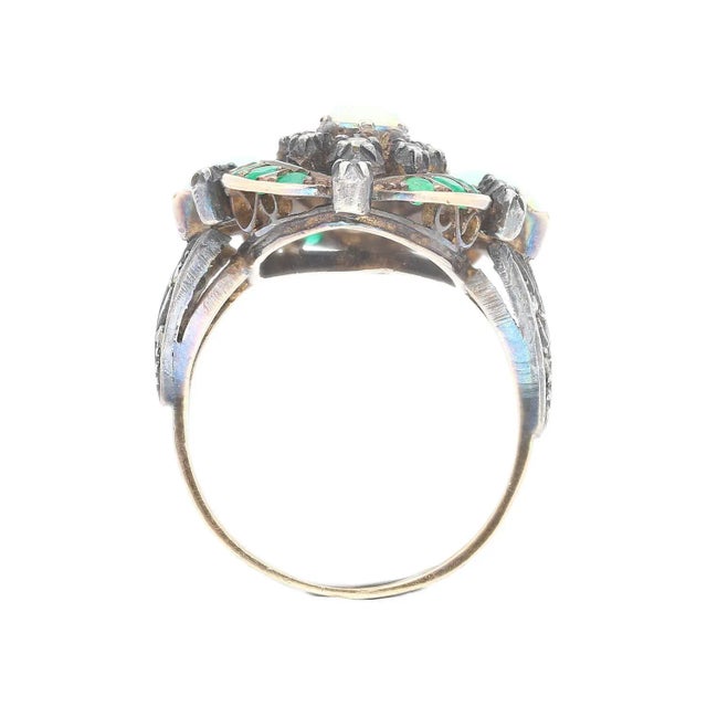 Antique Victorian Era 1800s Opal, Emerald, Diamond Ring in Gold and Silver Size 6 For Sale - Image 4 of 6