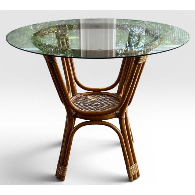 Wood Vintage French Style Bistro Bamboo and Rattan Dining Set Round Glass Top Table and Four Armchairs 5 Pieces For Sale - Image 7 of 16