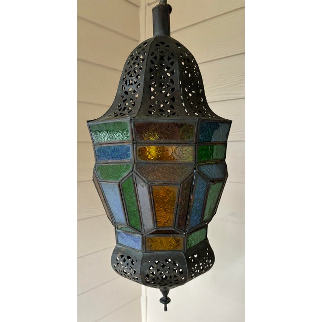 Metal Large Vintage Moroccan Moorish Lantern Pendant Light With Multi-Color Glass and Hand Cut Metal For Sale - Image 7 of 12