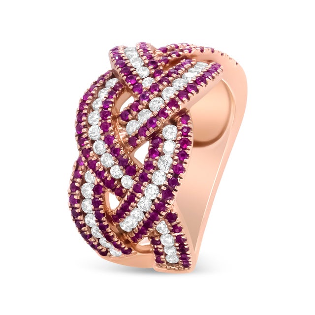 Early 21st Century 18K Rose Gold Red Ruby and 7/8 Cttw Diamond Woven Braided Band Ring (F-G Color, VS1-VS2 Clarity) - Ring Size 7 For Sale - Image 5 of 6