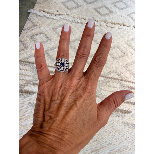 Antique-Style 14K White Gold Sapphire & Diamond Filigree Ring For Sale - Image 12 of 12