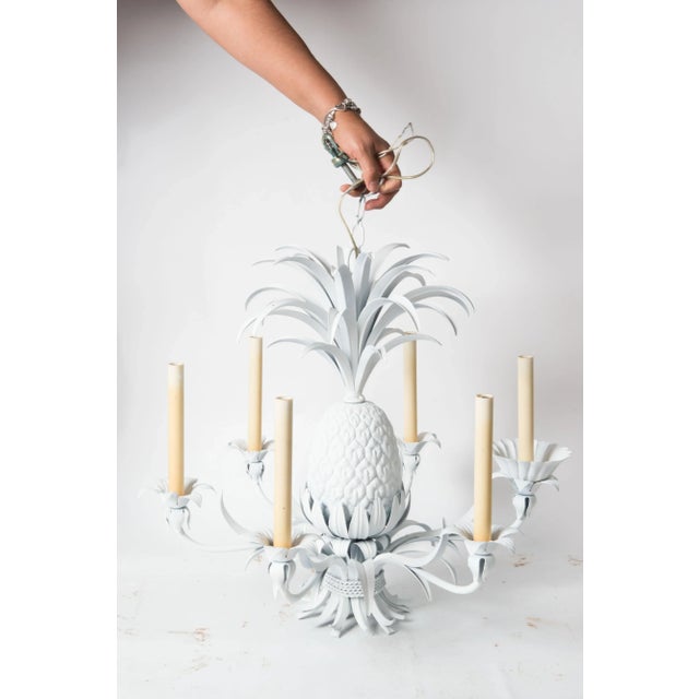 Large white painted metal Italian pineapple chandelier with six lights. U.S. sockets. Good proportions, nice details.
