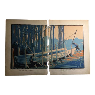 1931 Vintage Robinson Crusoe Building the Big Boat Prints - A Pair For Sale
