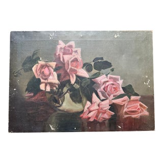Pink Roses, Antique Oil on Canvas For Sale
