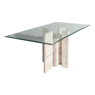 Glass & Travertine Dining Table by Willy Ballez For Sale