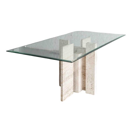 Glass & Travertine Dining Table by Willy Ballez For Sale