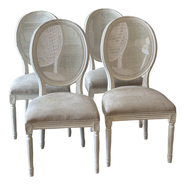 Restoration Hardware Vintage Cane Back Medallion Side Chair Set 4 Oak For Sale
